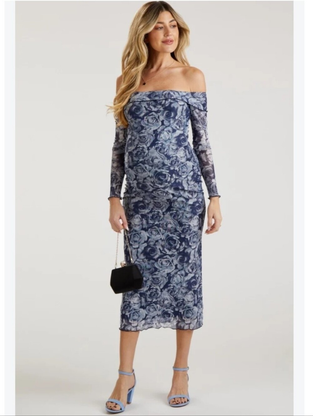 Bailey Rose Navy Blue White Floral Off Shoulder Mesh Knit Maternity Midi Dress M